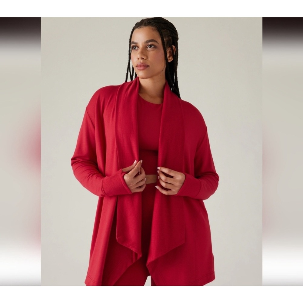 Athleta Pranayama Restore Wrap cardigan Clover Berry‎ Red Shawl Collar Sweater L